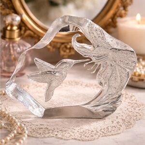 Hummingbird & Orchid Paperweight~ Hand Engraved Intaglio Lead Crystal Art